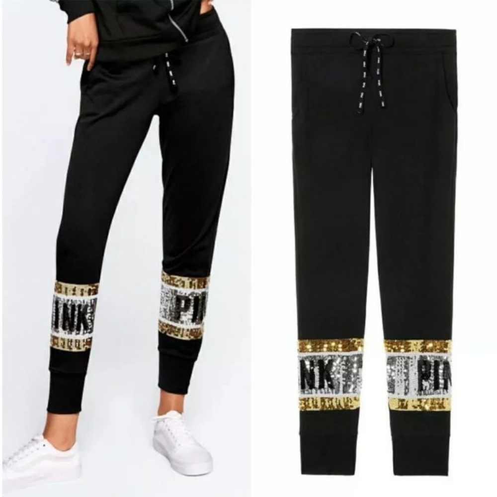 PINK Victoria's Secret Black Jogger Track Pants with Gold & Silver Sequin Accent